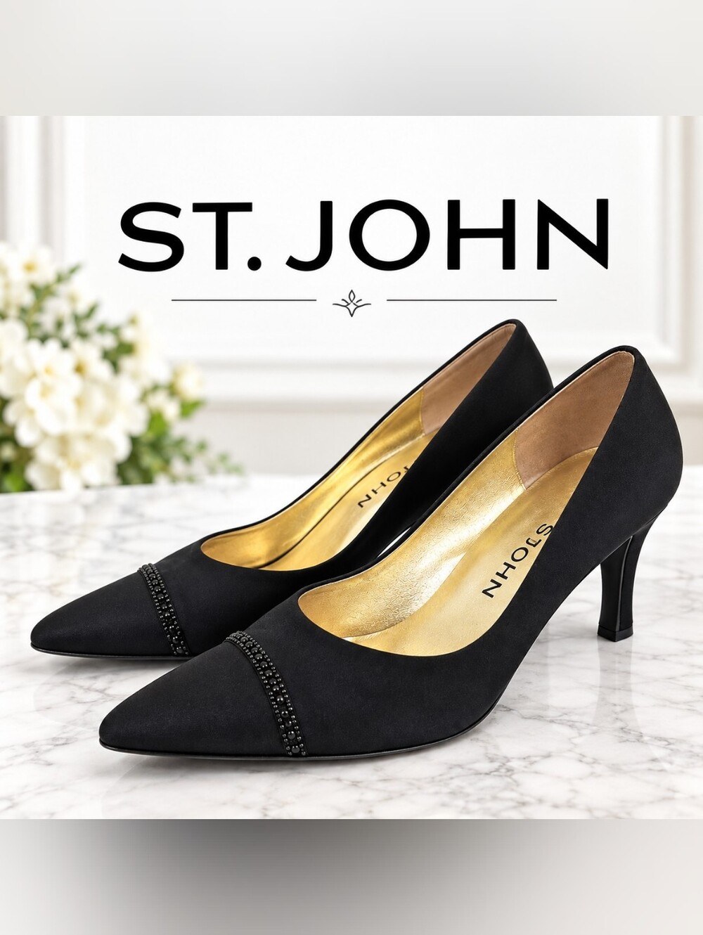 St. John Black Satin Pointed Toe Pumps with Gold Lining